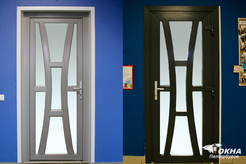 Межкомнатная металлопластиковая дверь для офиса. Профиль VEKA Softline, ламинация, дизайнерское заполнение с гнутыми импостами