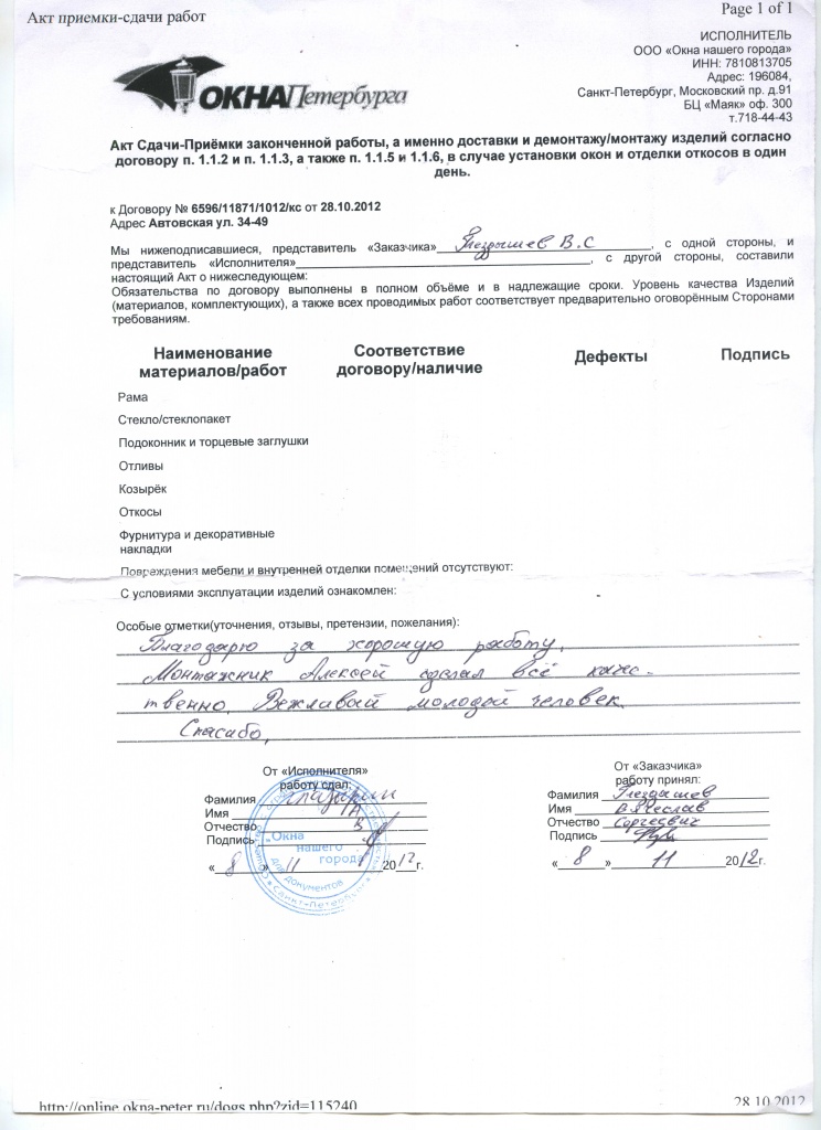 Благодарность от клиента Компании Окна Петербурга. Благодарность от клиента Компании Окна Петербурга.
